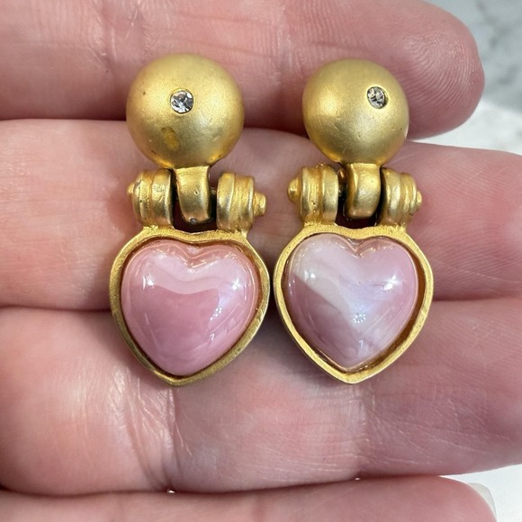 Jewelry - Vintage Gold Plated Heart Post Earrings Pink Iridescent Glass Cabochon 90s